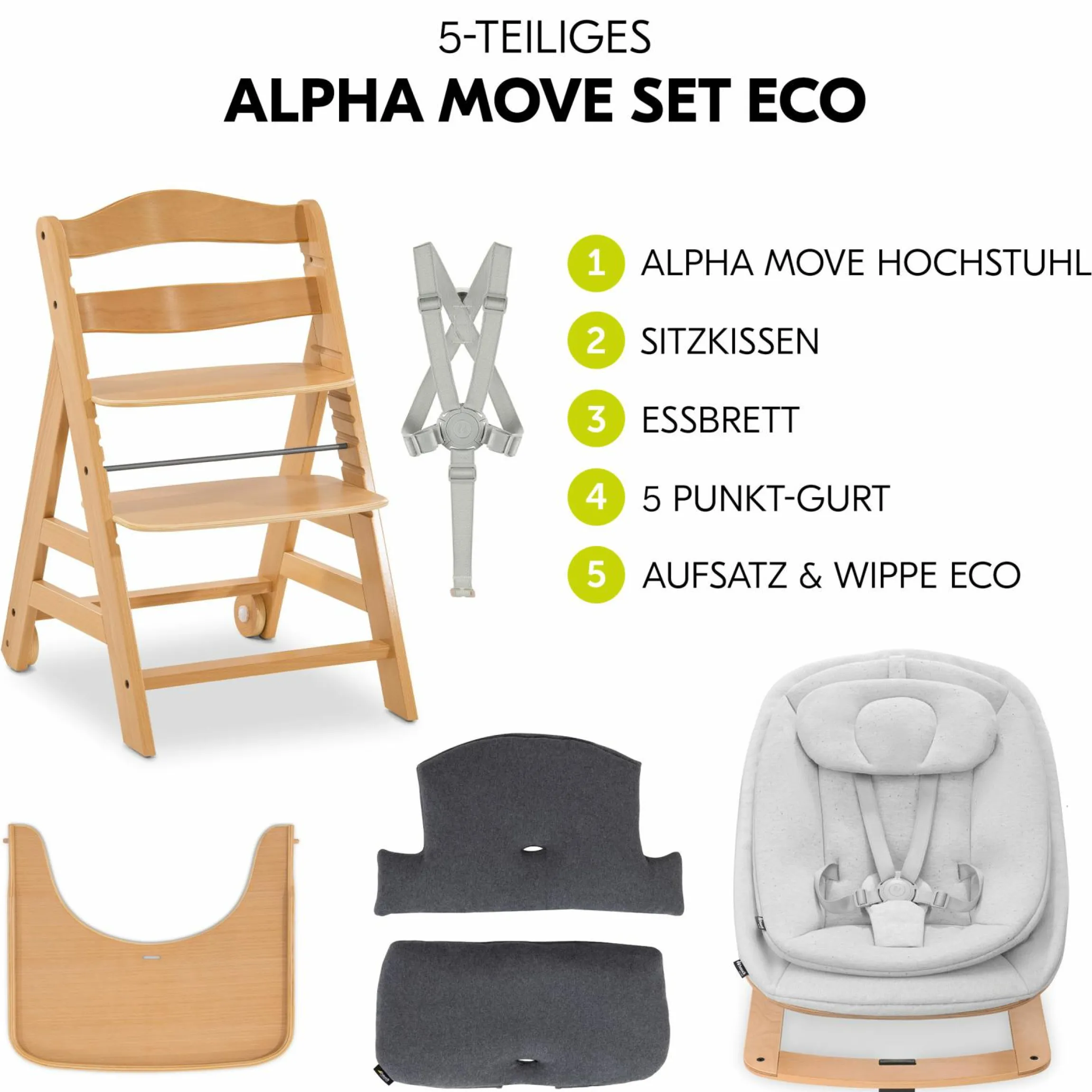 Alpha Move Natur 5-tlg. Newborn Set Eco - Hochstuhl + 2in1 Babyaufsatz & Wippe + Essbrett + Sitzkissen - Light Grey / Charcoal