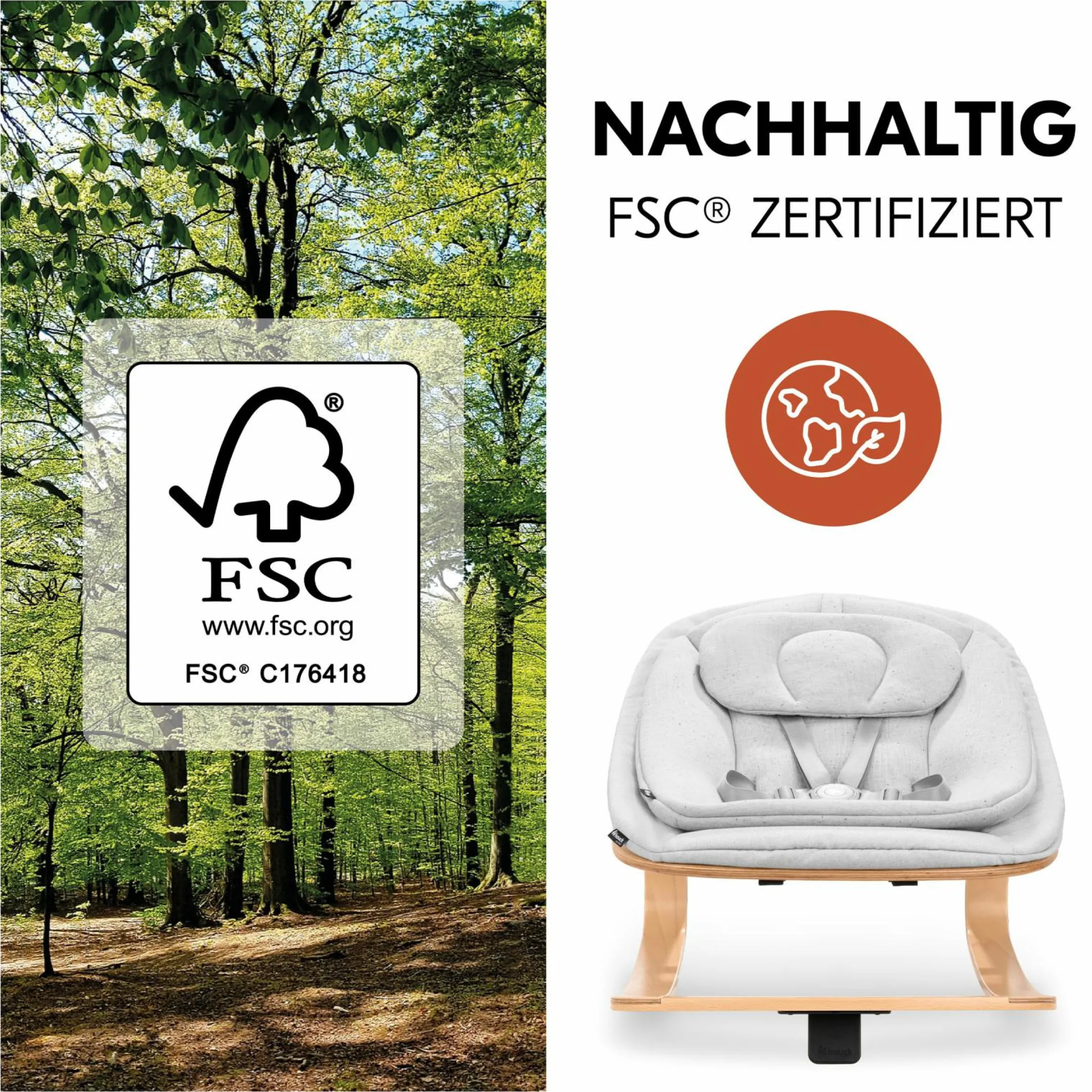 Alpha Move Natur 5-tlg. Newborn Set Eco - Hochstuhl + 2in1 Babyaufsatz & Wippe + Essbrett + Sitzkissen - Light Grey / Charcoal