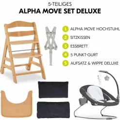 Alpha Move Natur 5-tlg. Newborn Set Deluxe - Hochstuhl + 2in1 Babyaufsatz & Wippe + Essbrett + Sitzkissen - Melange Grey