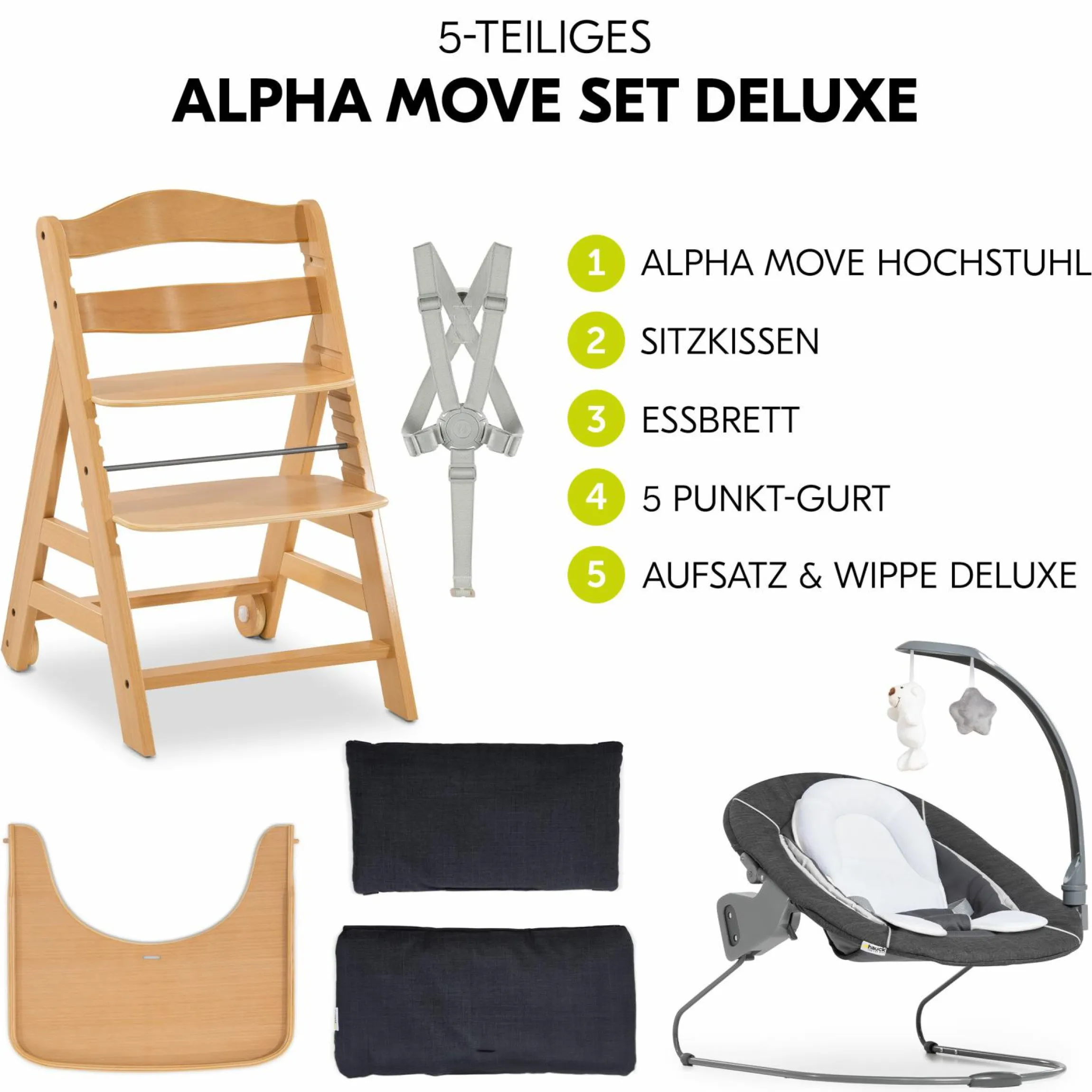 Alpha Move Natur 5-tlg. Newborn Set Deluxe - Hochstuhl + 2in1 Babyaufsatz & Wippe + Essbrett + Sitzkissen - Melange Grey