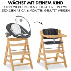 Alpha Move Natur 5-tlg. Newborn Set Deluxe - Hochstuhl + 2in1 Babyaufsatz & Wippe + Essbrett + Sitzkissen - Melange Grey