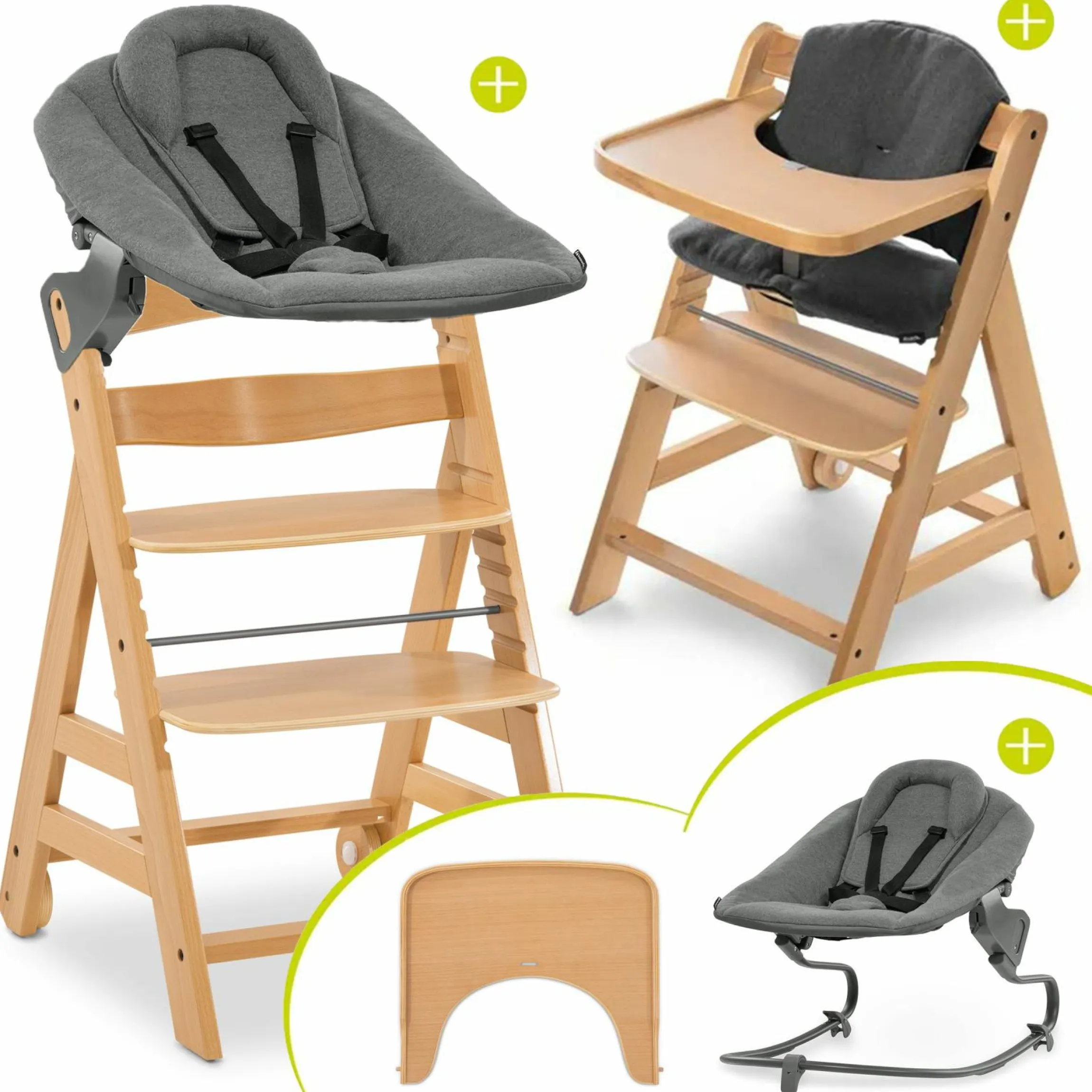 Alpha Move Natur 5-tlg. Newborn Set - Hochstuhl + 2in1 Neugeborenen-Aufsatz & Wippe + Essbrett + Hochstuhlauflage - Jersey Charcoal