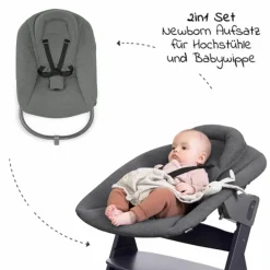 Alpha Move Natur 5-tlg. Newborn Set - Hochstuhl + 2in1 Neugeborenen-Aufsatz & Wippe + Essbrett + Hochstuhlauflage - Jersey Charcoal