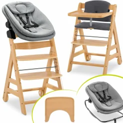 Alpha Move Natur 5-tlg. Newborn Set Hochstuhl + 2in1 Babyaufsatz & Wippe + Essbrett + Sitzkissen - Dark Grey Melange