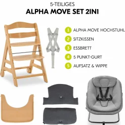 Alpha Move Natur 5-tlg. Newborn Set Hochstuhl + 2in1 Babyaufsatz & Wippe + Essbrett + Sitzkissen - Dark Grey Melange