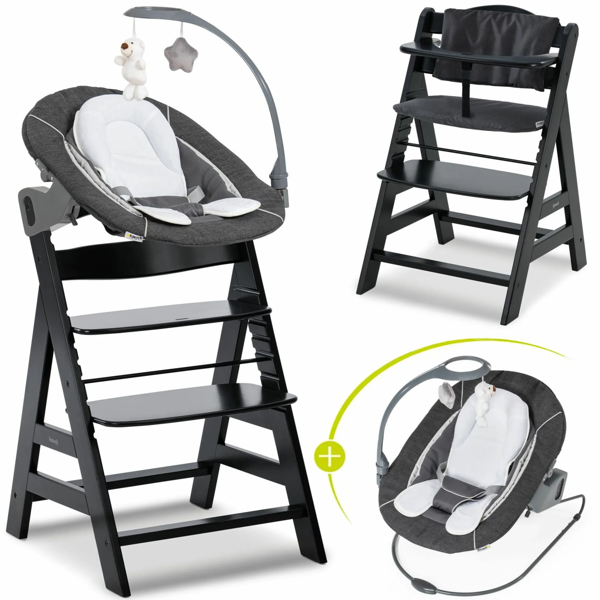 Alpha Plus Black 4-tlg. Newborn Set Deluxe - Hochstuhl + 2in1 Babyaufsatz & Wippe + Sitzkissen - Melange Grey