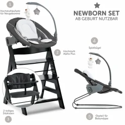 Alpha Plus Black 4-tlg. Newborn Set Deluxe - Hochstuhl + 2in1 Babyaufsatz & Wippe + Sitzkissen - Melange Grey