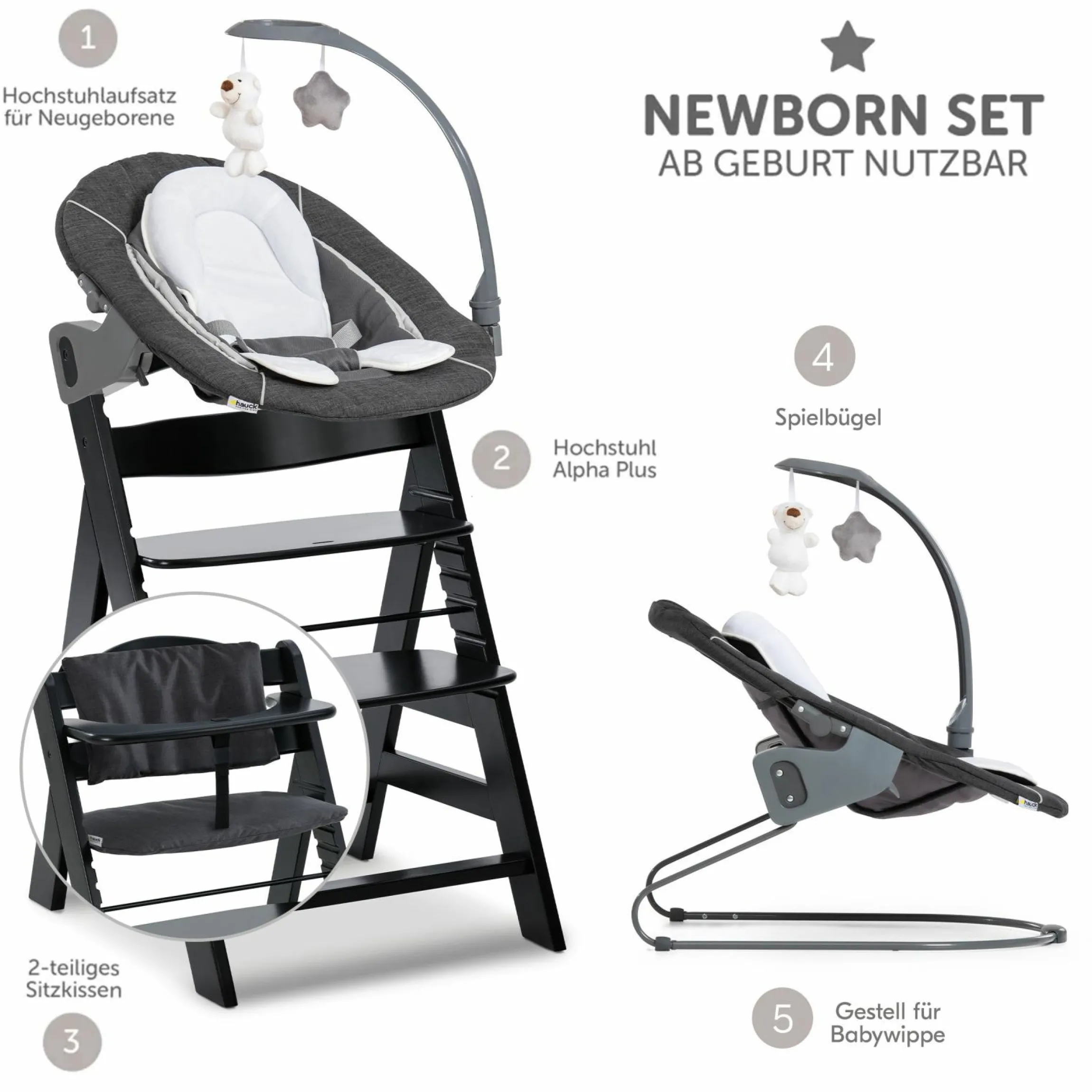 Alpha Plus Black 4-tlg. Newborn Set Deluxe - Hochstuhl + 2in1 Babyaufsatz & Wippe + Sitzkissen - Melange Grey