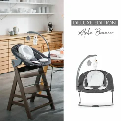 Alpha Plus Black 4-tlg. Newborn Set Deluxe - Hochstuhl + 2in1 Babyaufsatz & Wippe + Sitzkissen - Melange Grey