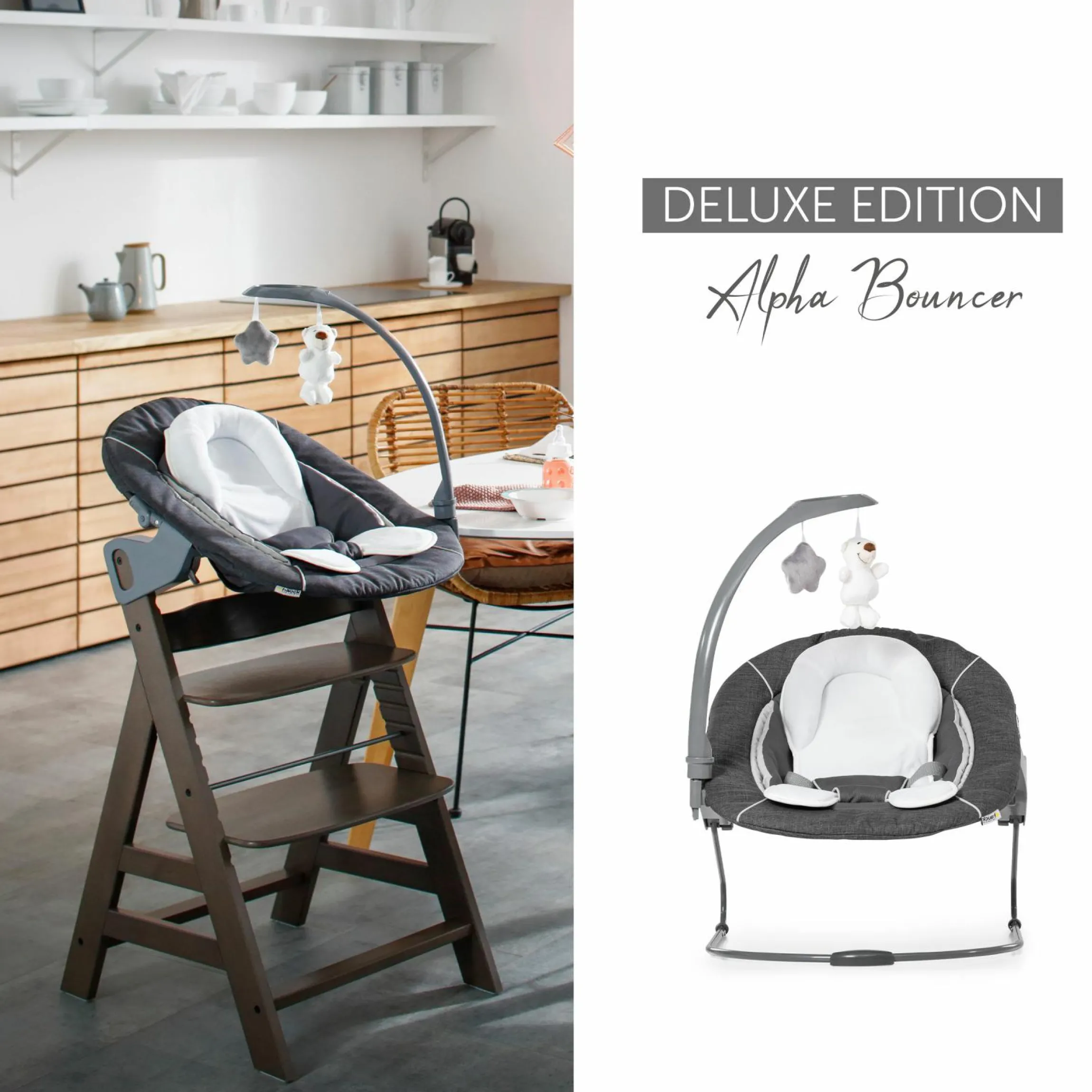 Alpha Plus Black 4-tlg. Newborn Set Deluxe - Hochstuhl + 2in1 Babyaufsatz & Wippe + Sitzkissen - Melange Grey