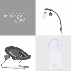 Alpha Plus Black 4-tlg. Newborn Set Deluxe - Hochstuhl + 2in1 Babyaufsatz & Wippe + Sitzkissen - Melange Grey