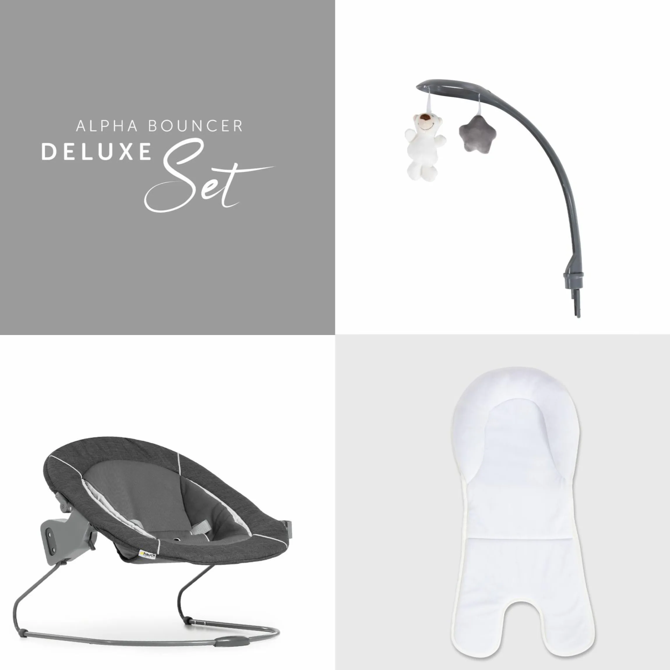 Alpha Plus Black 4-tlg. Newborn Set Deluxe - Hochstuhl + 2in1 Babyaufsatz & Wippe + Sitzkissen - Melange Grey