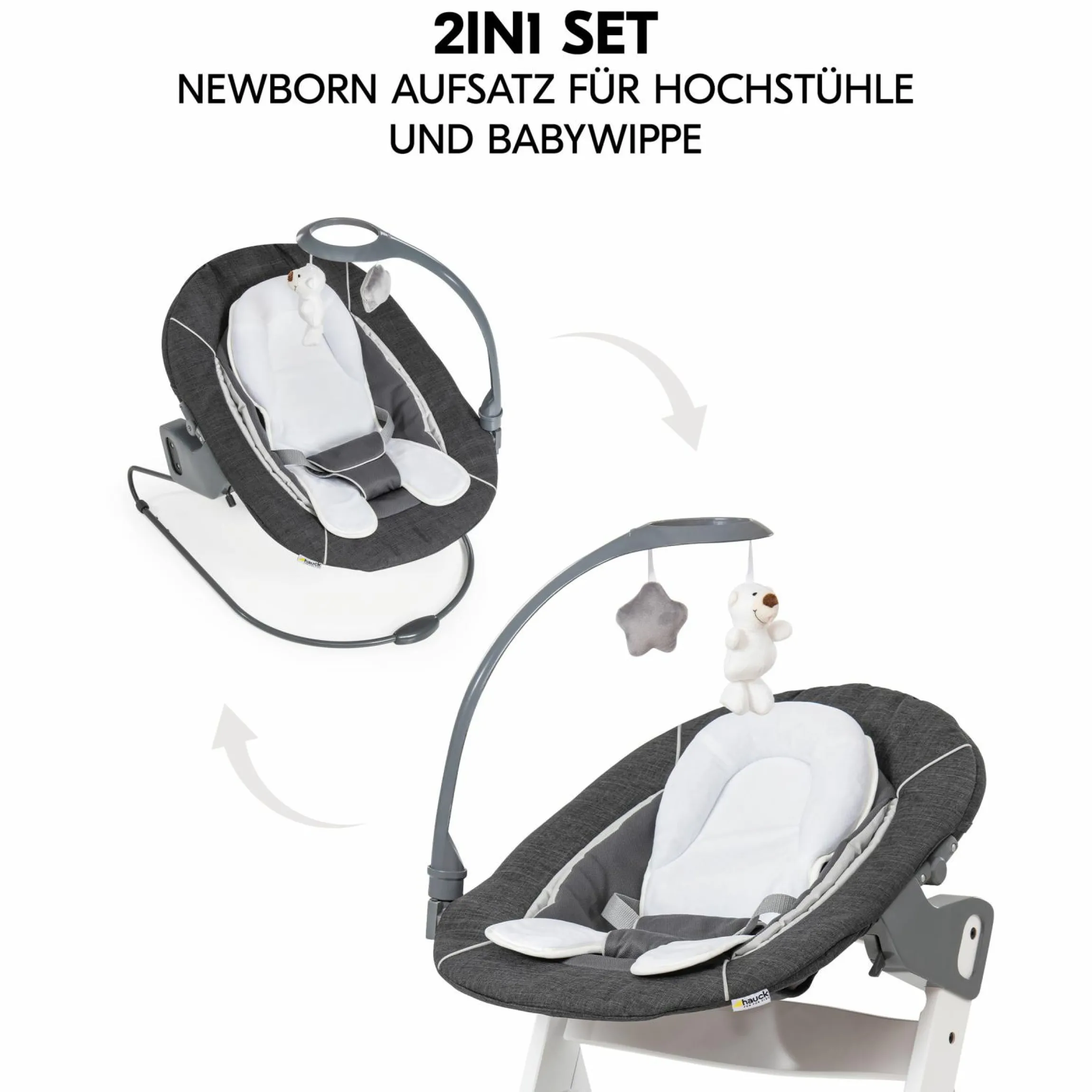 Alpha Plus Black 4-tlg. Newborn Set Deluxe - Hochstuhl + 2in1 Babyaufsatz & Wippe + Sitzkissen - Melange Grey