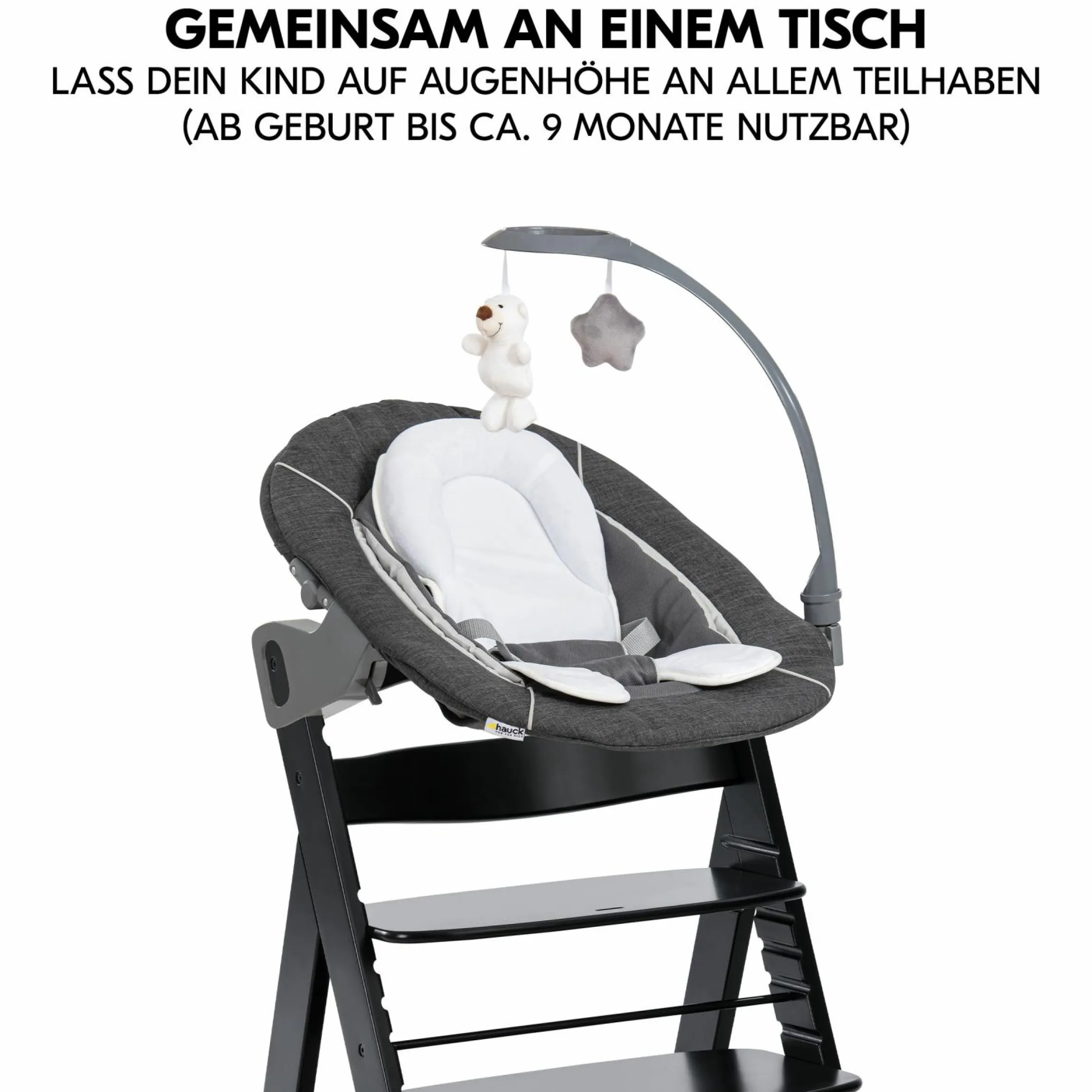 Alpha Plus Black 4-tlg. Newborn Set Deluxe - Hochstuhl + 2in1 Babyaufsatz & Wippe + Sitzkissen - Melange Grey