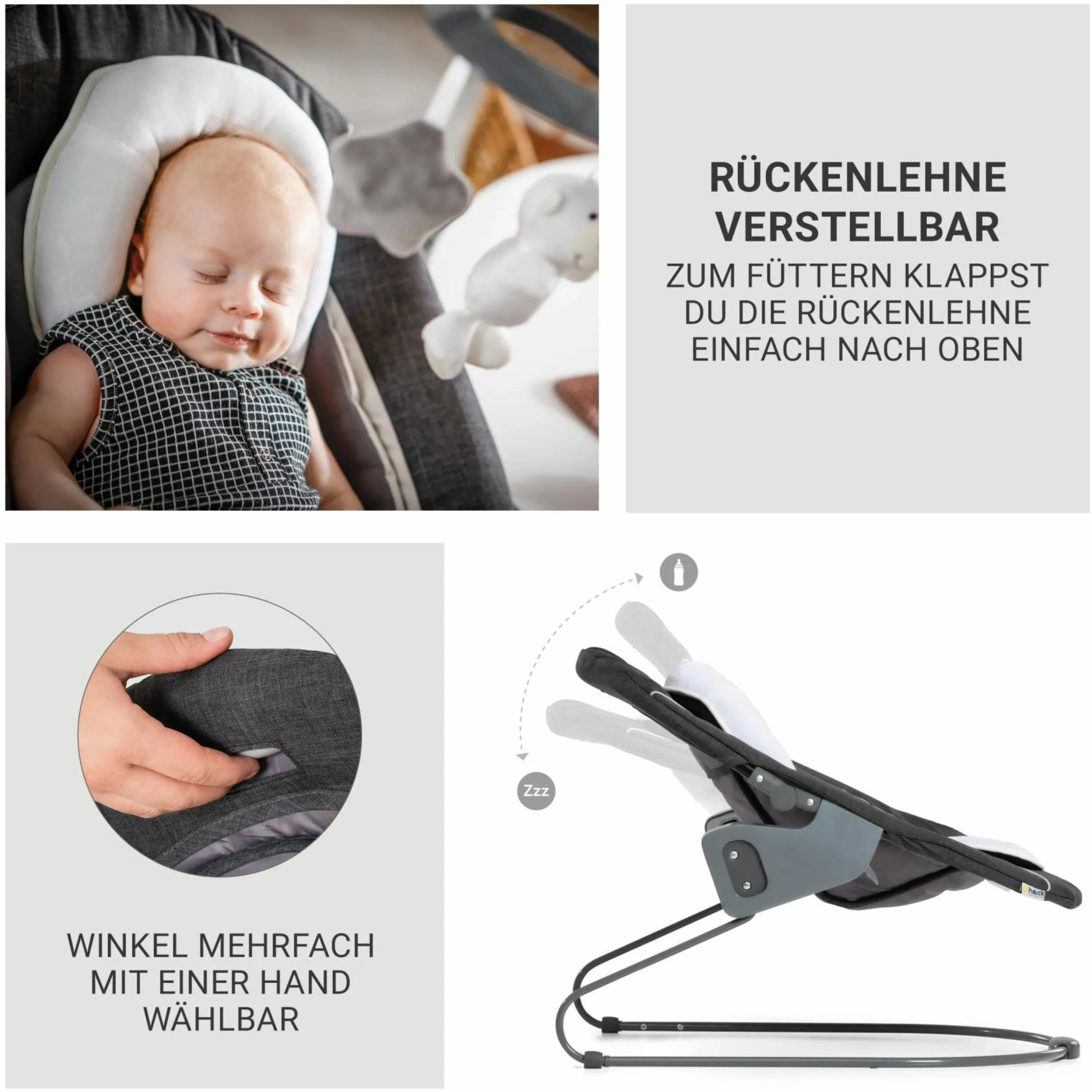 Alpha Plus Black 4-tlg. Newborn Set Deluxe - Hochstuhl + 2in1 Babyaufsatz & Wippe + Sitzkissen - Melange Grey
