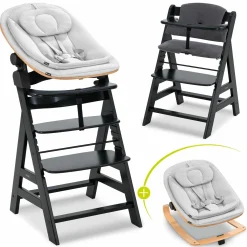 Alpha Plus Black 4-tlg. Newborn Set Eco - Hochstuhl + 2in1 Babyaufsatz & Wippe + Sitzkissen - Light Grey / Charcoal