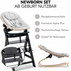 Alpha Plus Black 4-tlg. Newborn Set Eco - Hochstuhl + 2in1 Babyaufsatz & Wippe + Sitzkissen - Light Grey / Charcoal
