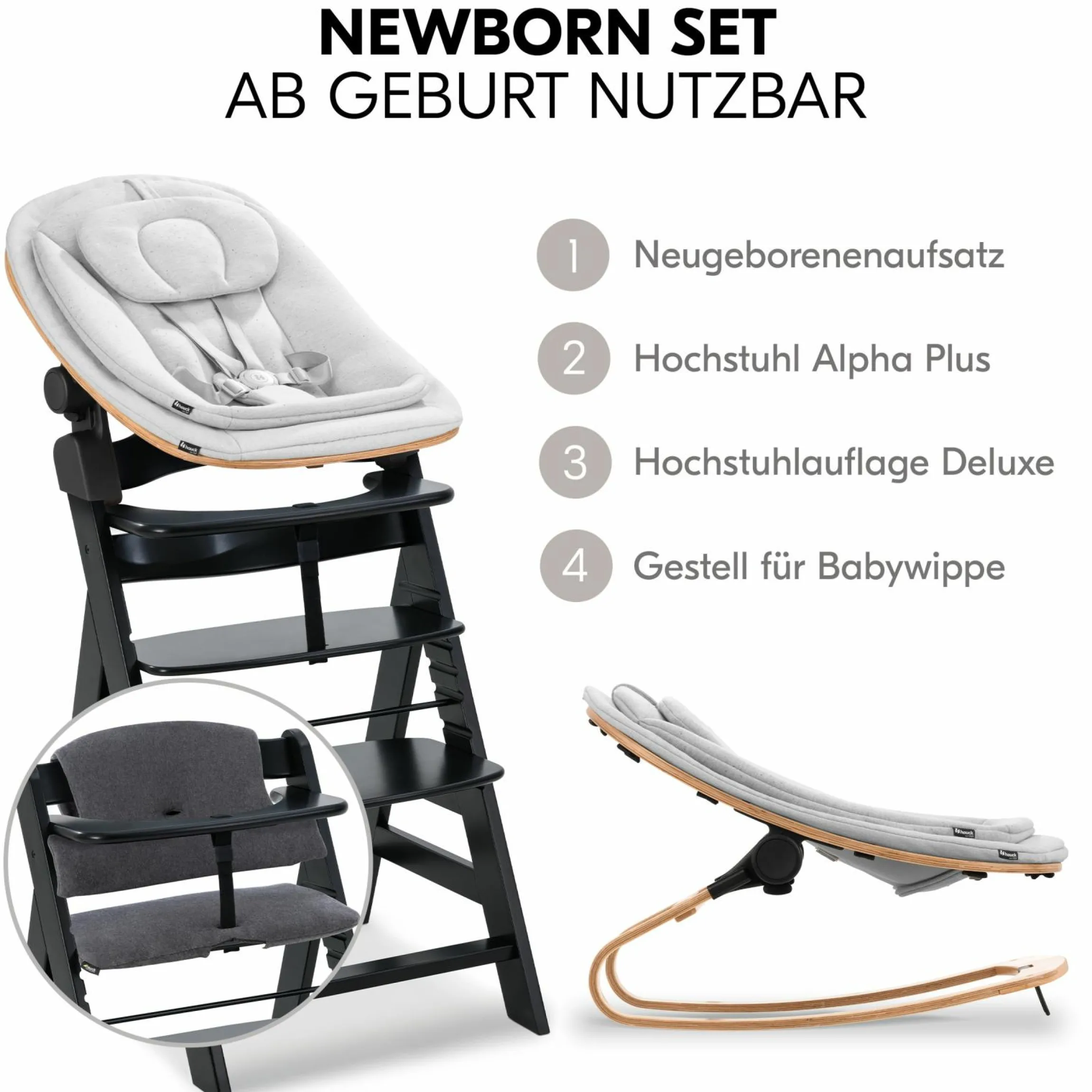Alpha Plus Black 4-tlg. Newborn Set Eco - Hochstuhl + 2in1 Babyaufsatz & Wippe + Sitzkissen - Light Grey / Charcoal