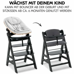 Alpha Plus Black 4-tlg. Newborn Set Eco - Hochstuhl + 2in1 Babyaufsatz & Wippe + Sitzkissen - Light Grey / Charcoal