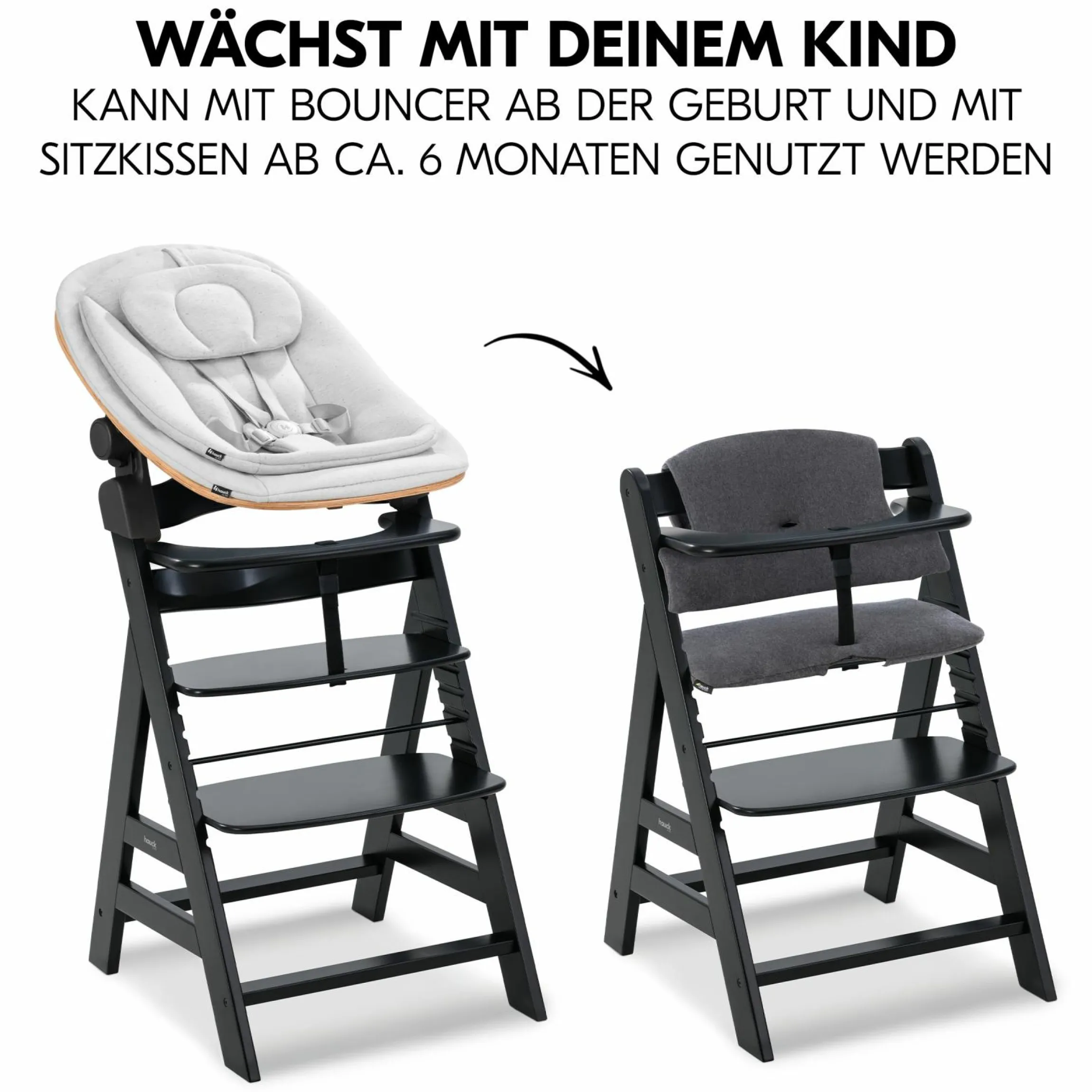Alpha Plus Black 4-tlg. Newborn Set Eco - Hochstuhl + 2in1 Babyaufsatz & Wippe + Sitzkissen - Light Grey / Charcoal