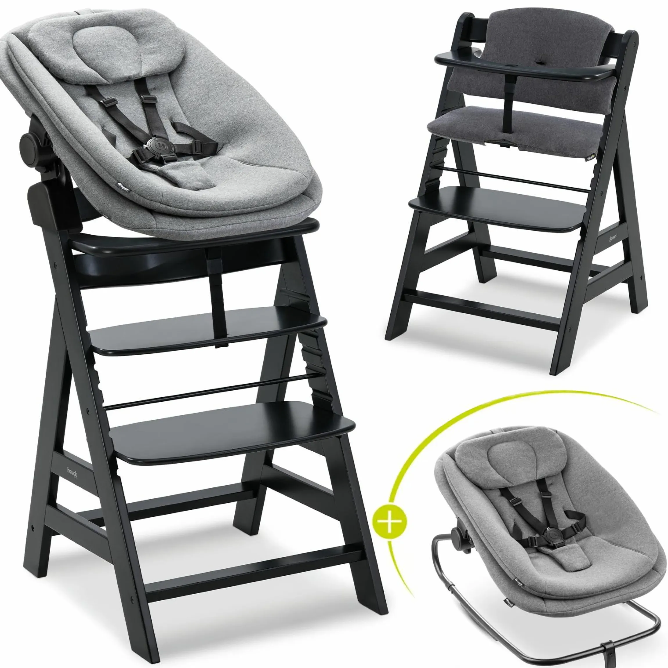 Alpha Plus Black 4-tlg. Newborn Set - Hochstuhl + 2in1 Babyaufsatz & Wippe + Sitzkissen - Dark Grey Melange