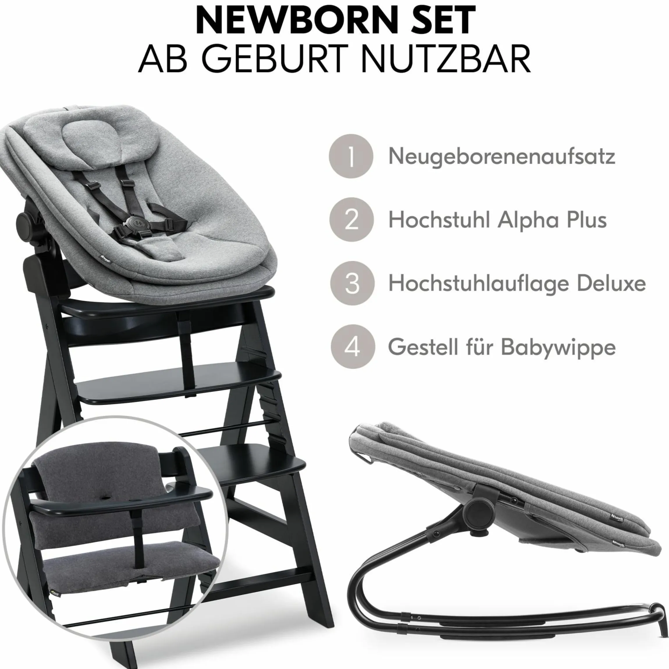 Alpha Plus Black 4-tlg. Newborn Set - Hochstuhl + 2in1 Babyaufsatz & Wippe + Sitzkissen - Dark Grey Melange