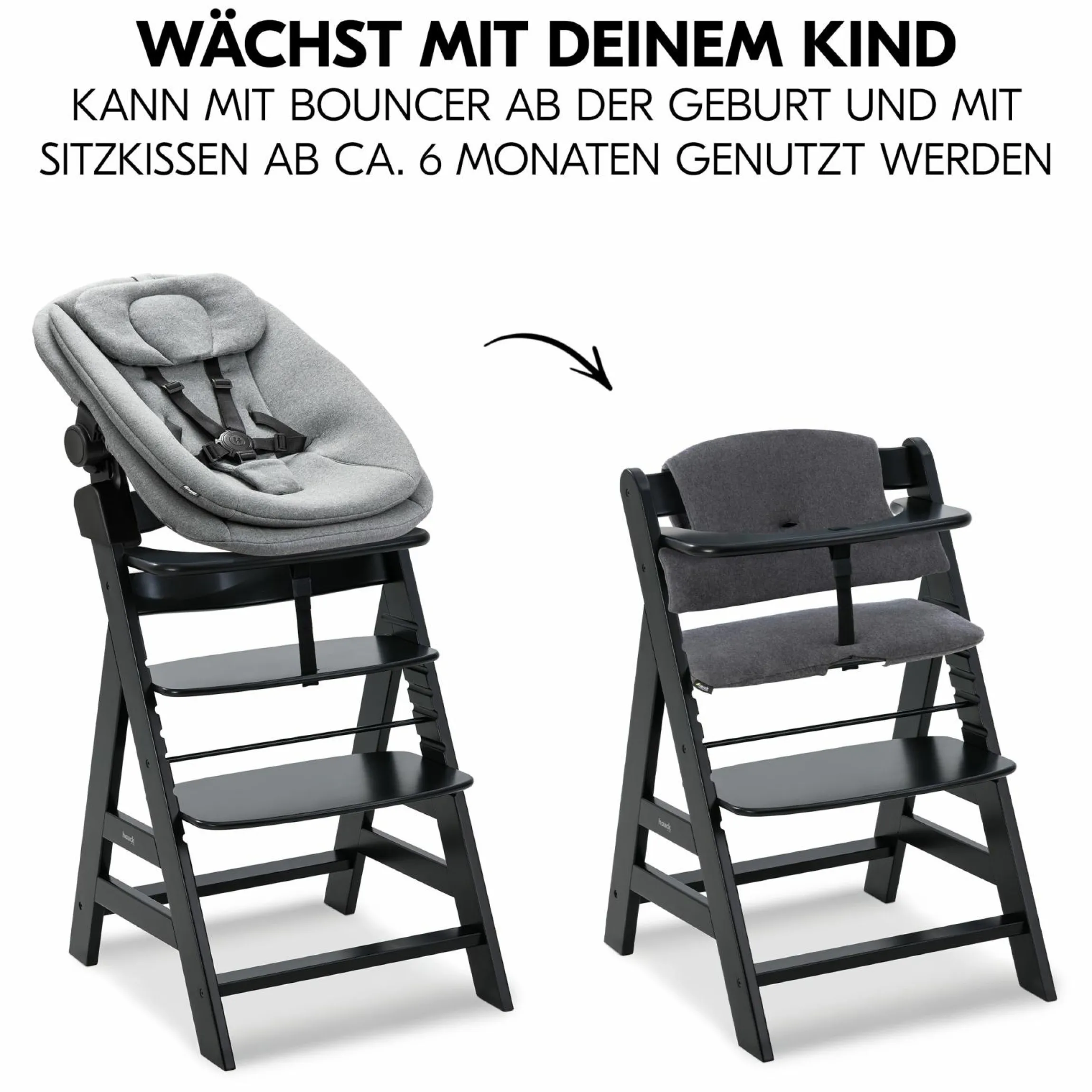 Alpha Plus Black 4-tlg. Newborn Set - Hochstuhl + 2in1 Babyaufsatz & Wippe + Sitzkissen - Dark Grey Melange