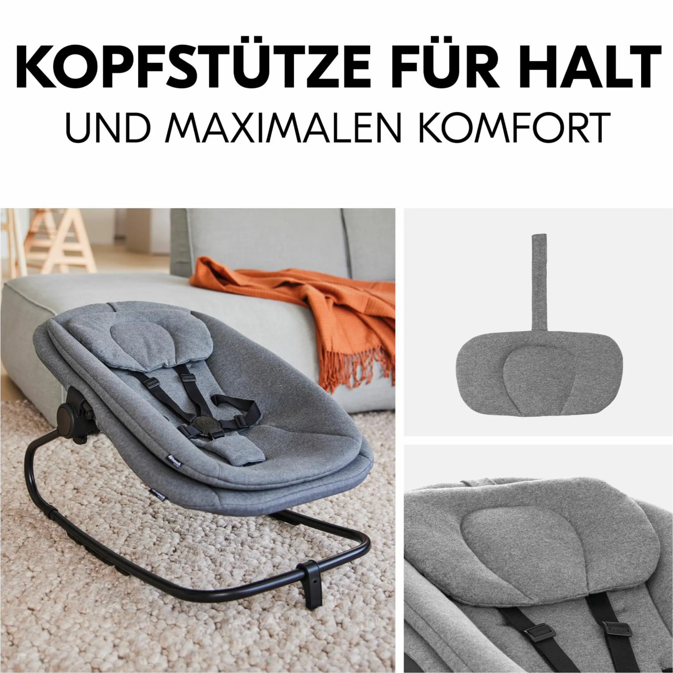 Alpha Plus Black 4-tlg. Newborn Set - Hochstuhl + 2in1 Babyaufsatz & Wippe + Sitzkissen - Dark Grey Melange