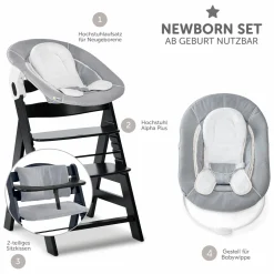 Alpha Plus Black 4-tlg. Newborn Set - Hochstuhl + 2in1 Babyaufsatz & Wippe + Sitzkissen - Stretch Grey