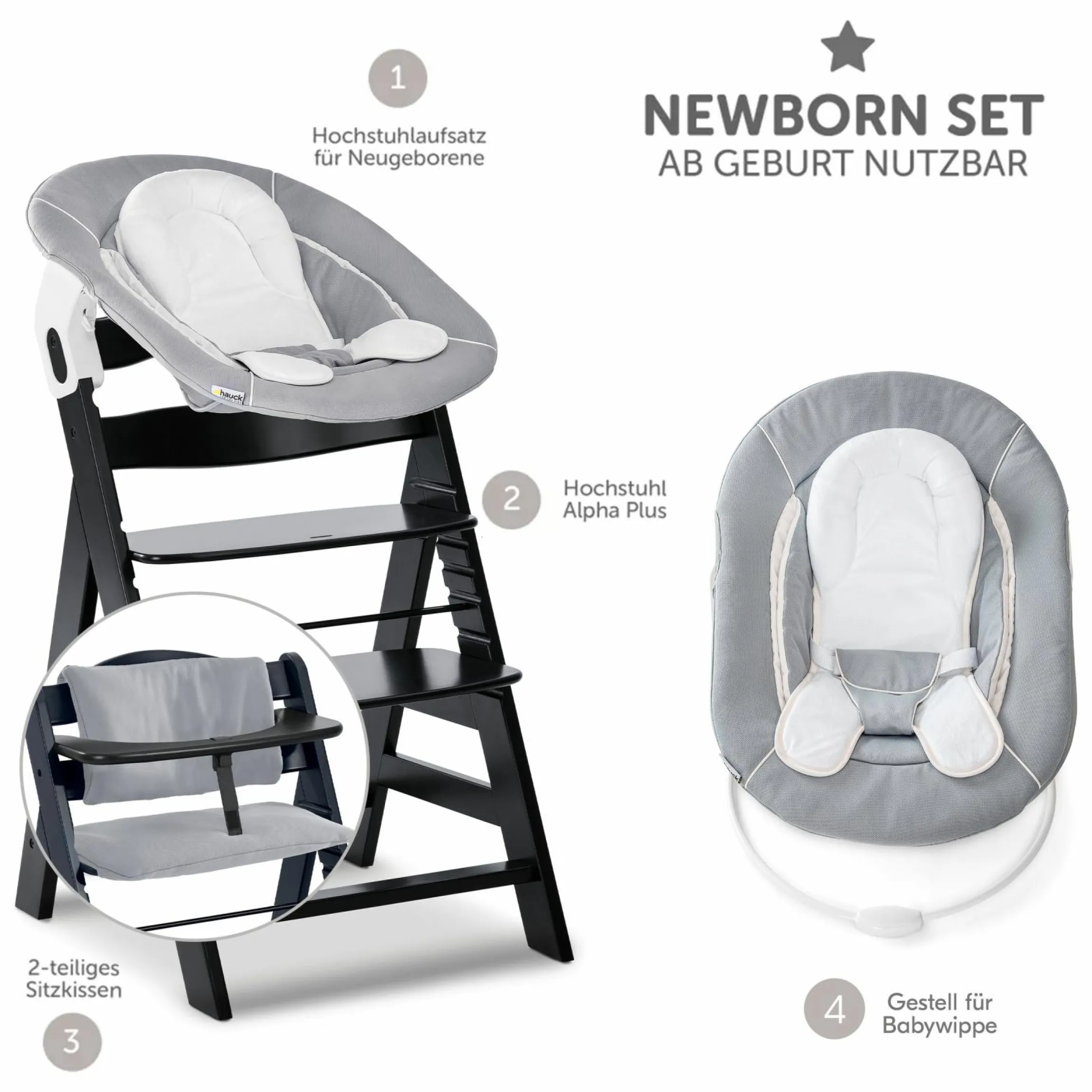 Alpha Plus Black 4-tlg. Newborn Set - Hochstuhl + 2in1 Babyaufsatz & Wippe + Sitzkissen - Stretch Grey