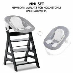 Alpha Plus Black 4-tlg. Newborn Set - Hochstuhl + 2in1 Babyaufsatz & Wippe + Sitzkissen - Stretch Grey