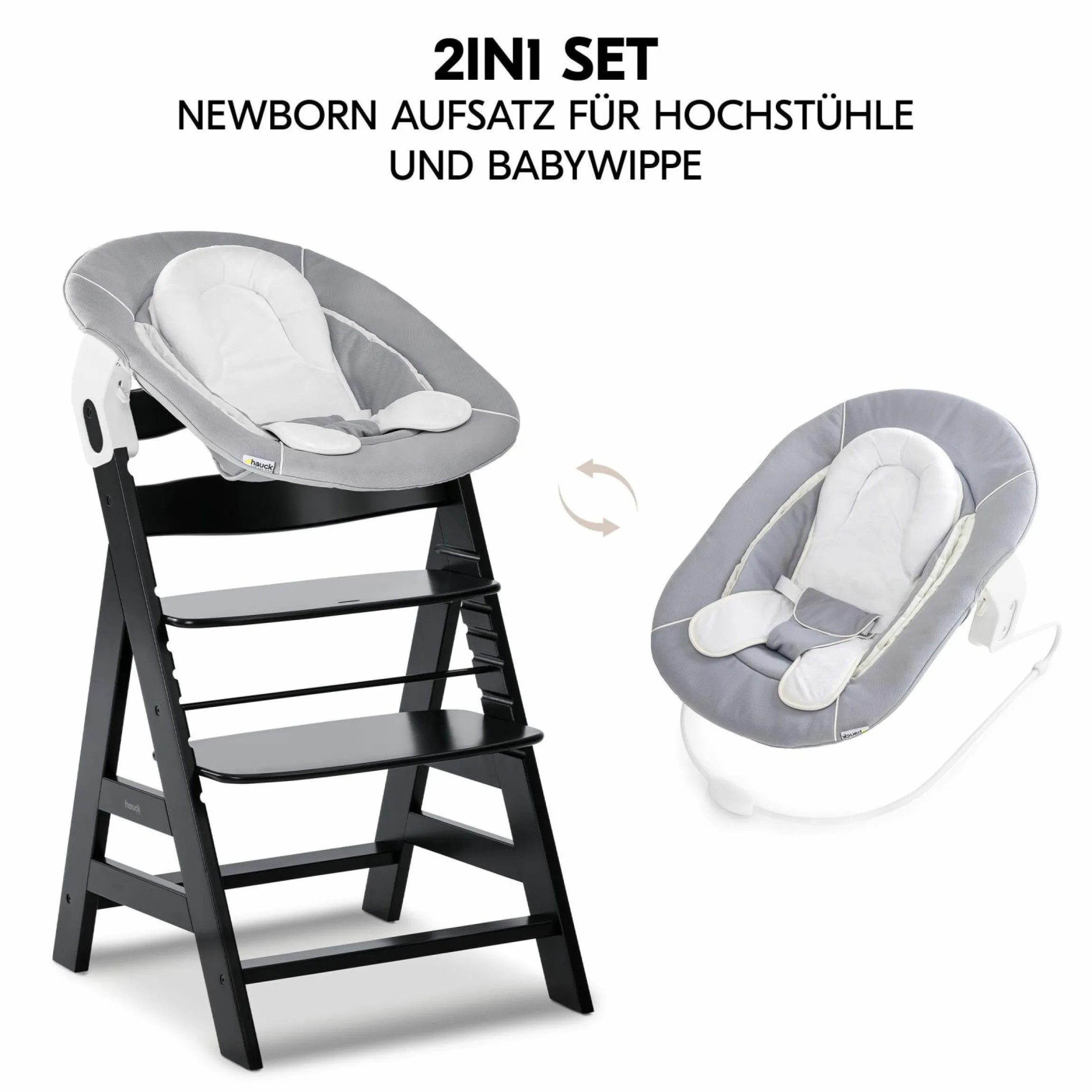 Alpha Plus Black 4-tlg. Newborn Set - Hochstuhl + 2in1 Babyaufsatz & Wippe + Sitzkissen - Stretch Grey
