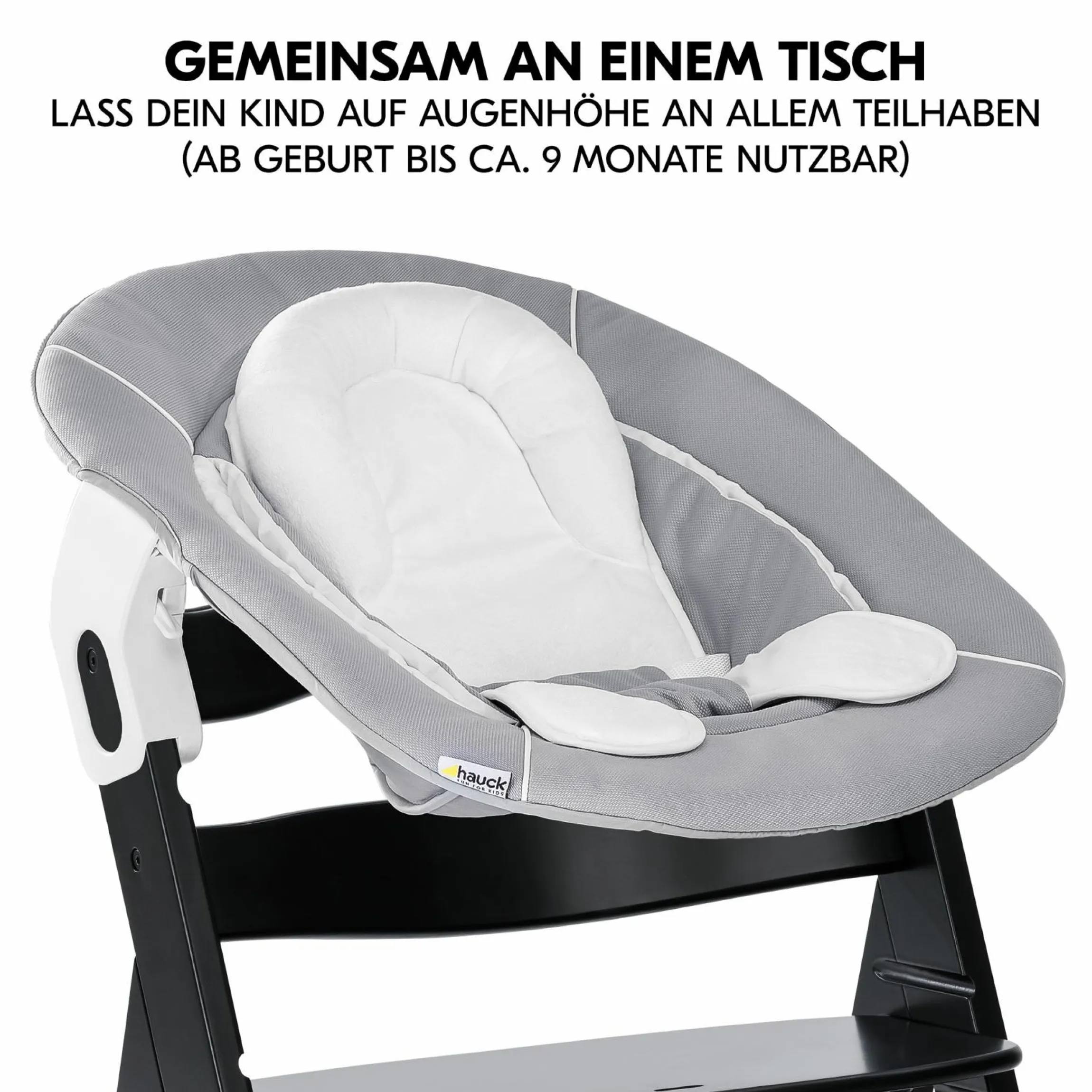 Alpha Plus Black 4-tlg. Newborn Set - Hochstuhl + 2in1 Babyaufsatz & Wippe + Sitzkissen - Stretch Grey