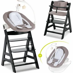 Alpha Plus Black 4-tlg. Newborn Set Deluxe - Hochstuhl + 2in1 Babyaufsatz & Wippe + Sitzkissen - Sand