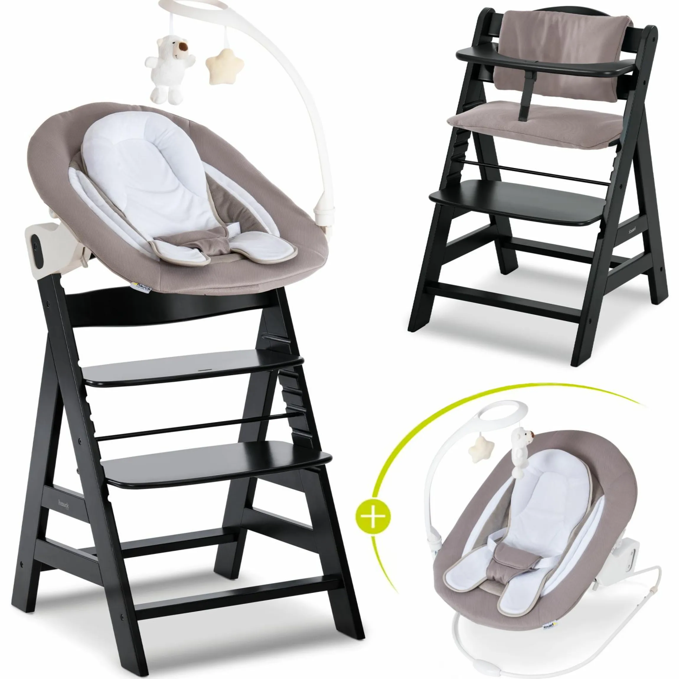 Alpha Plus Black 4-tlg. Newborn Set Deluxe - Hochstuhl + 2in1 Babyaufsatz & Wippe + Sitzkissen - Sand