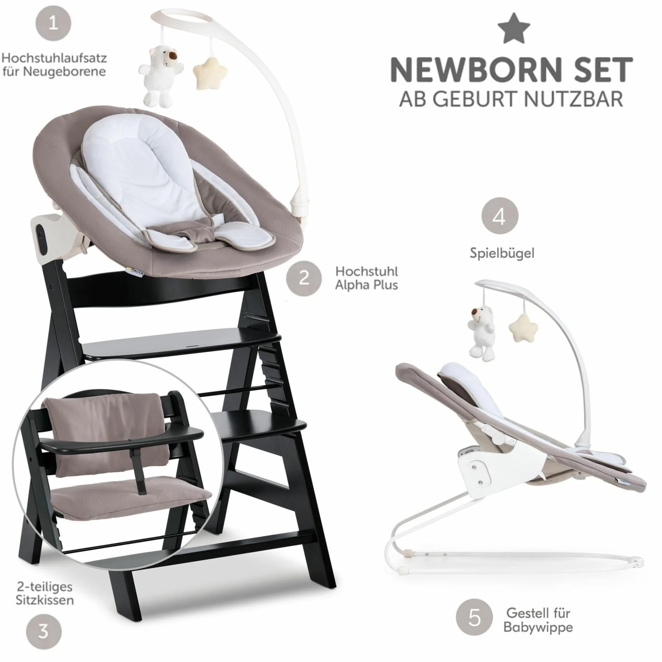 Alpha Plus Black 4-tlg. Newborn Set Deluxe - Hochstuhl + 2in1 Babyaufsatz & Wippe + Sitzkissen - Sand