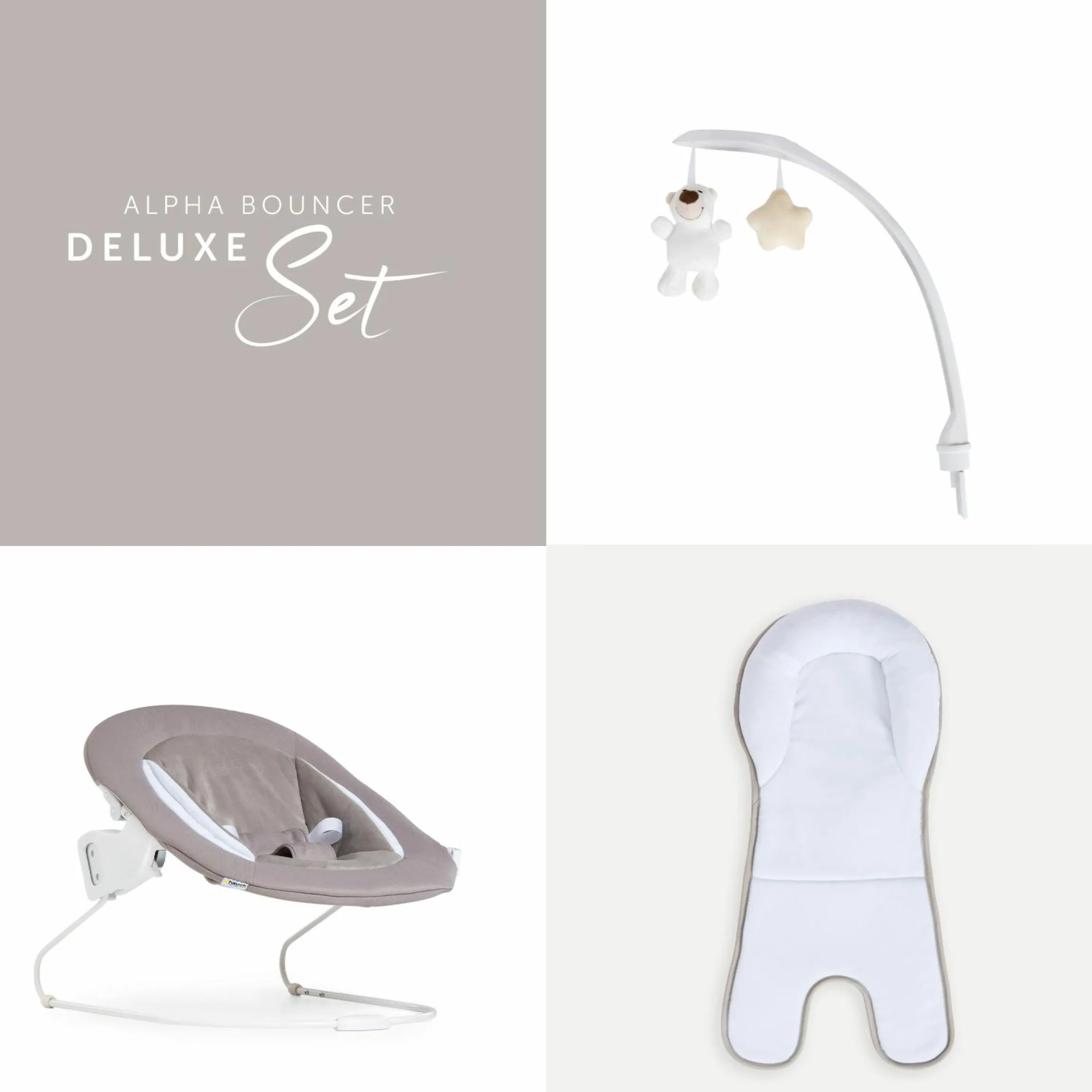Alpha Plus Black 4-tlg. Newborn Set Deluxe - Hochstuhl + 2in1 Babyaufsatz & Wippe + Sitzkissen - Sand