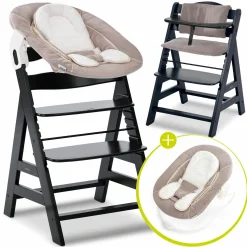 Alpha Plus Black 4-tlg. Newborn Set - Hochstuhl + 2in1 Babyaufsatz & Wippe + Sitzkissen - Stretch Beige