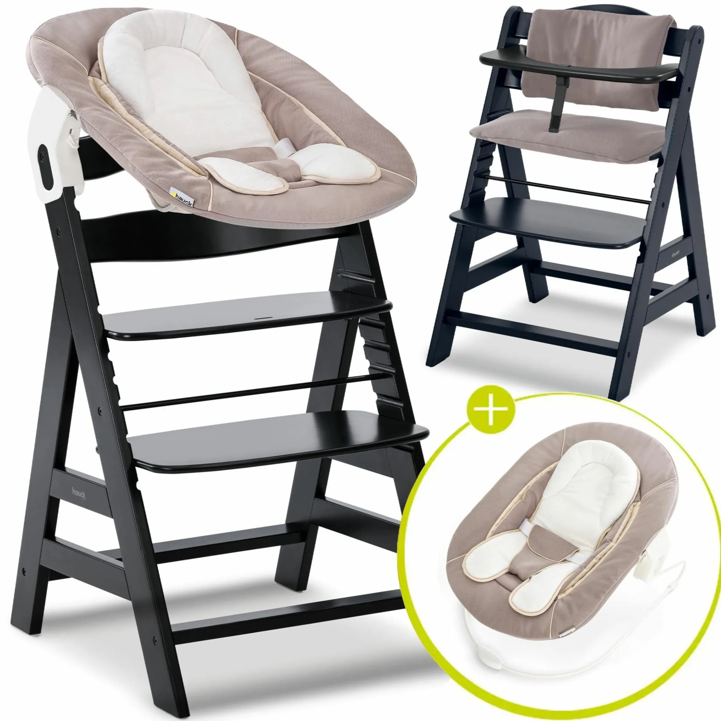 Alpha Plus Black 4-tlg. Newborn Set - Hochstuhl + 2in1 Babyaufsatz & Wippe + Sitzkissen - Stretch Beige