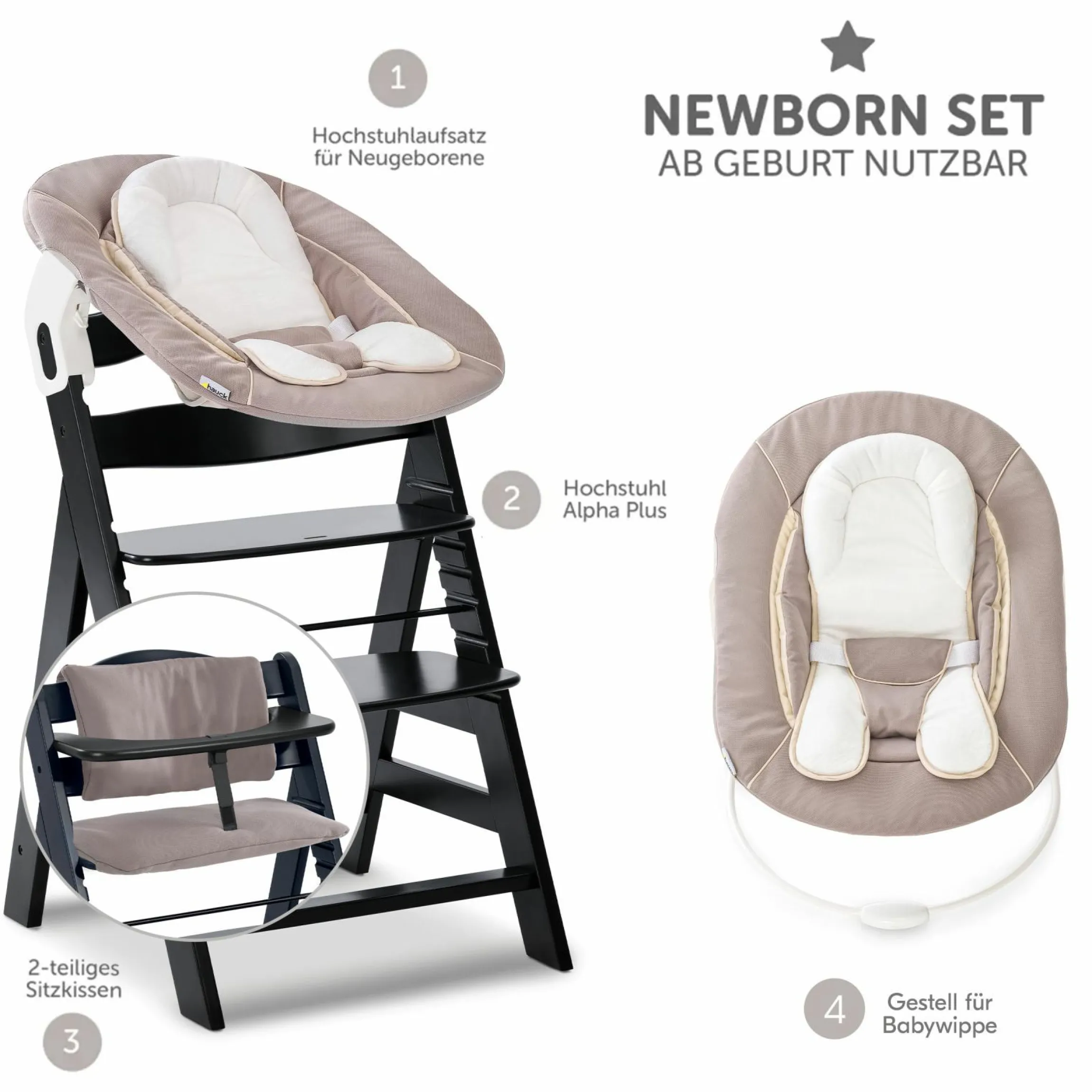 Alpha Plus Black 4-tlg. Newborn Set - Hochstuhl + 2in1 Babyaufsatz & Wippe + Sitzkissen - Stretch Beige