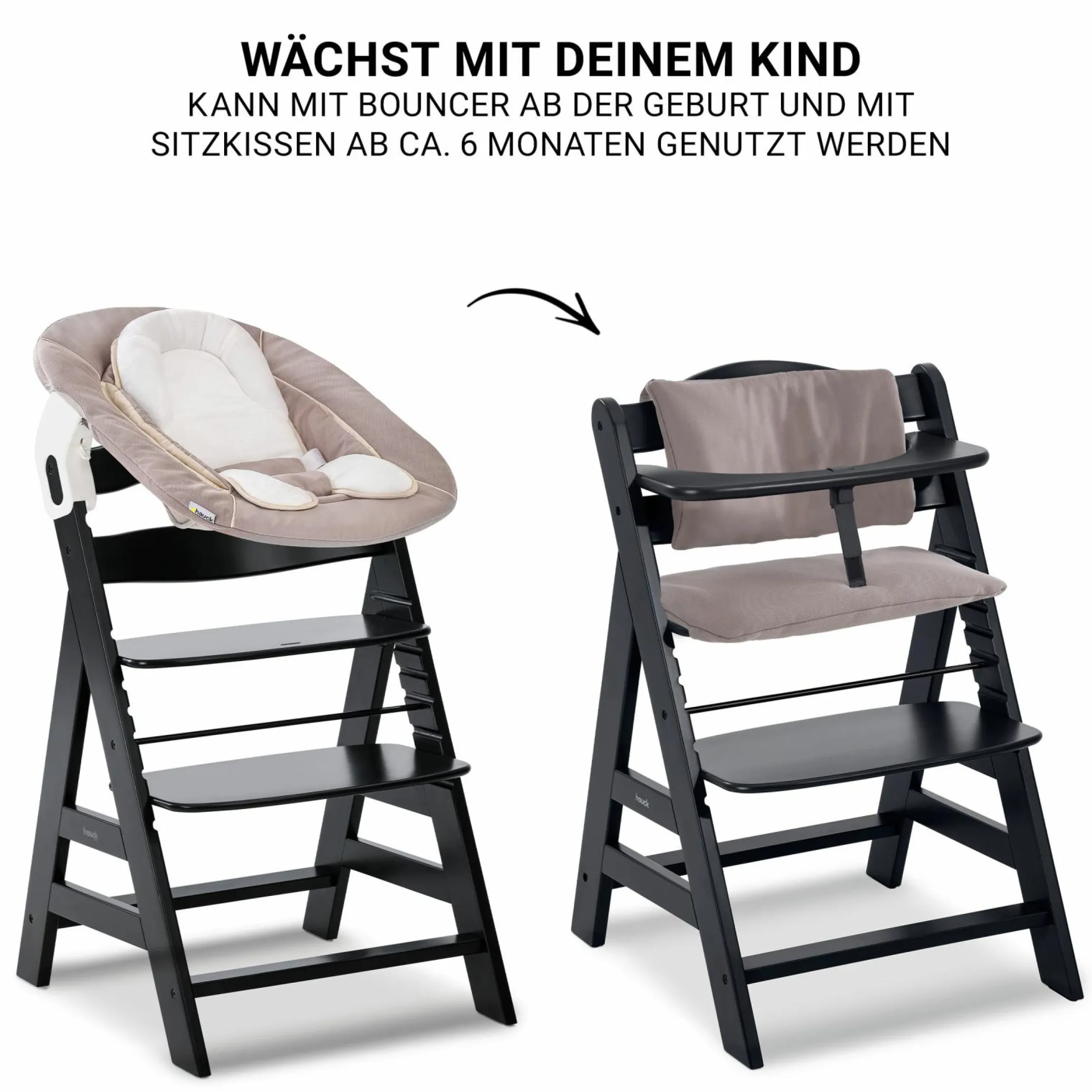 Alpha Plus Black 4-tlg. Newborn Set - Hochstuhl + 2in1 Babyaufsatz & Wippe + Sitzkissen - Stretch Beige