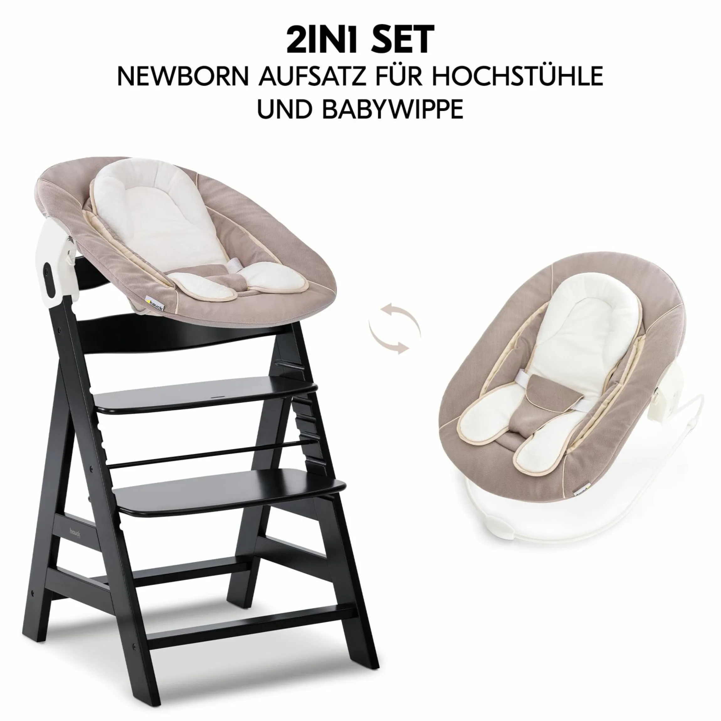 Alpha Plus Black 4-tlg. Newborn Set - Hochstuhl + 2in1 Babyaufsatz & Wippe + Sitzkissen - Stretch Beige