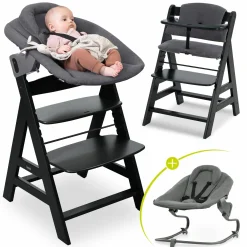 Alpha Plus Black 4-tlg. Newborn Set Premium - Hochstuhl + 2in1 Babyaufsatz & Wippe + Sitzkissen - Dark Grey