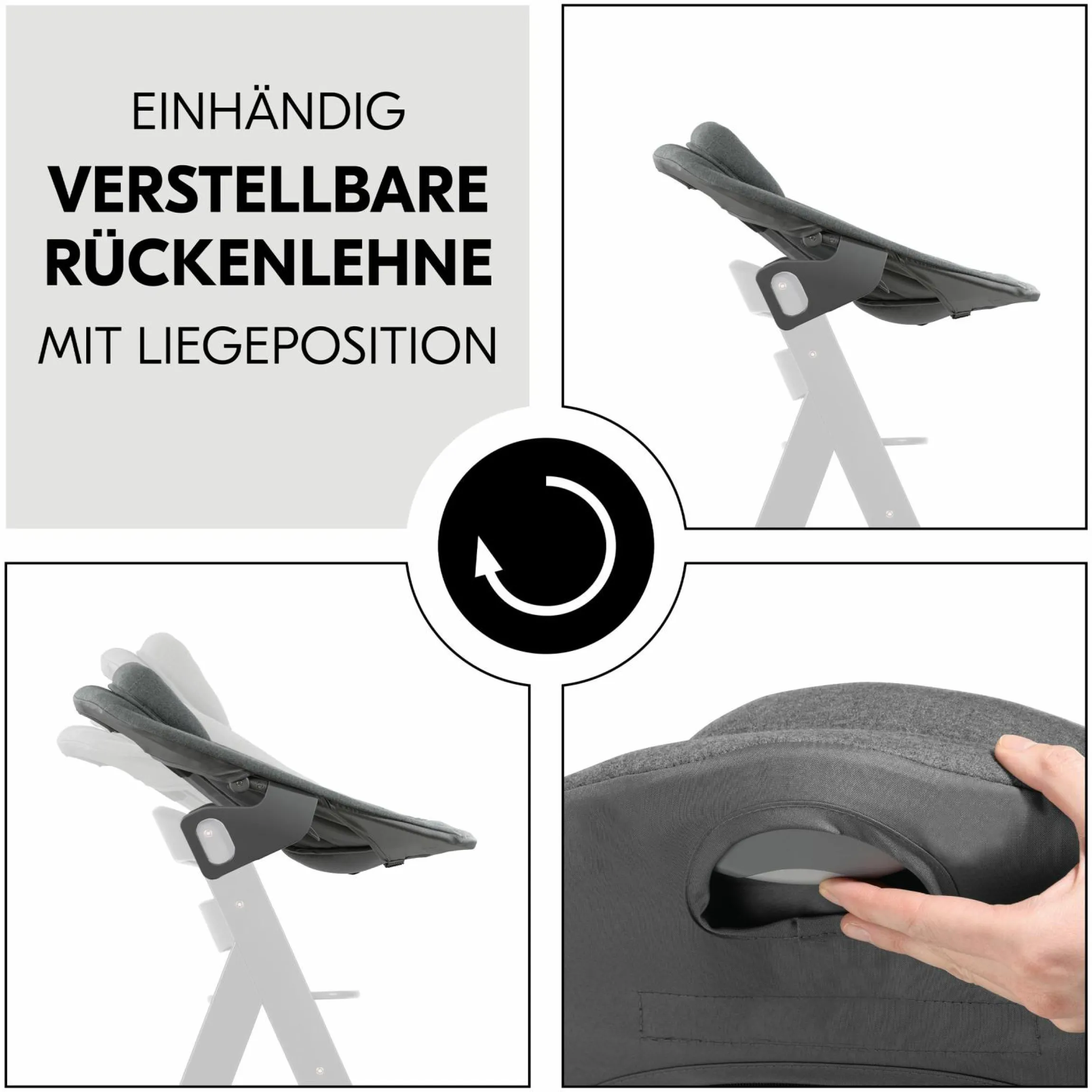 Alpha Plus Black 4-tlg. Newborn Set Premium - Hochstuhl + 2in1 Babyaufsatz & Wippe + Sitzkissen - Dark Grey