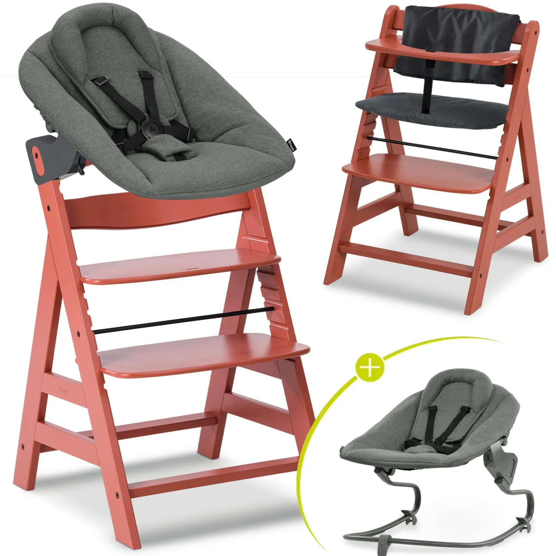 Alpha Plus Cork 4-tlg. Newborn Set - Hochstuhl + 2in1 Babyaufsatz & Wippe Premium + Sitzkissen - Dark Grey