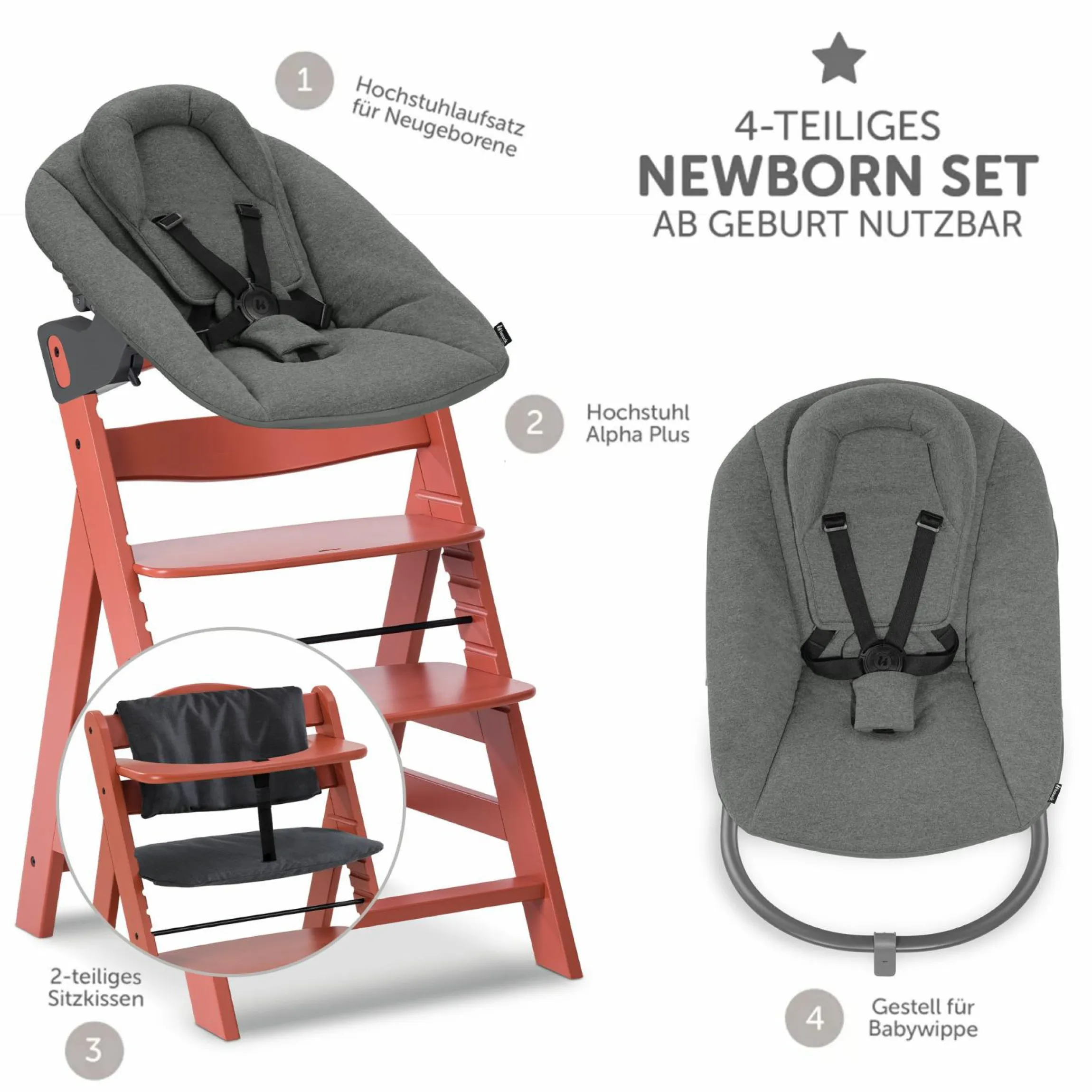 Alpha Plus Cork 4-tlg. Newborn Set - Hochstuhl + 2in1 Babyaufsatz & Wippe Premium + Sitzkissen - Dark Grey