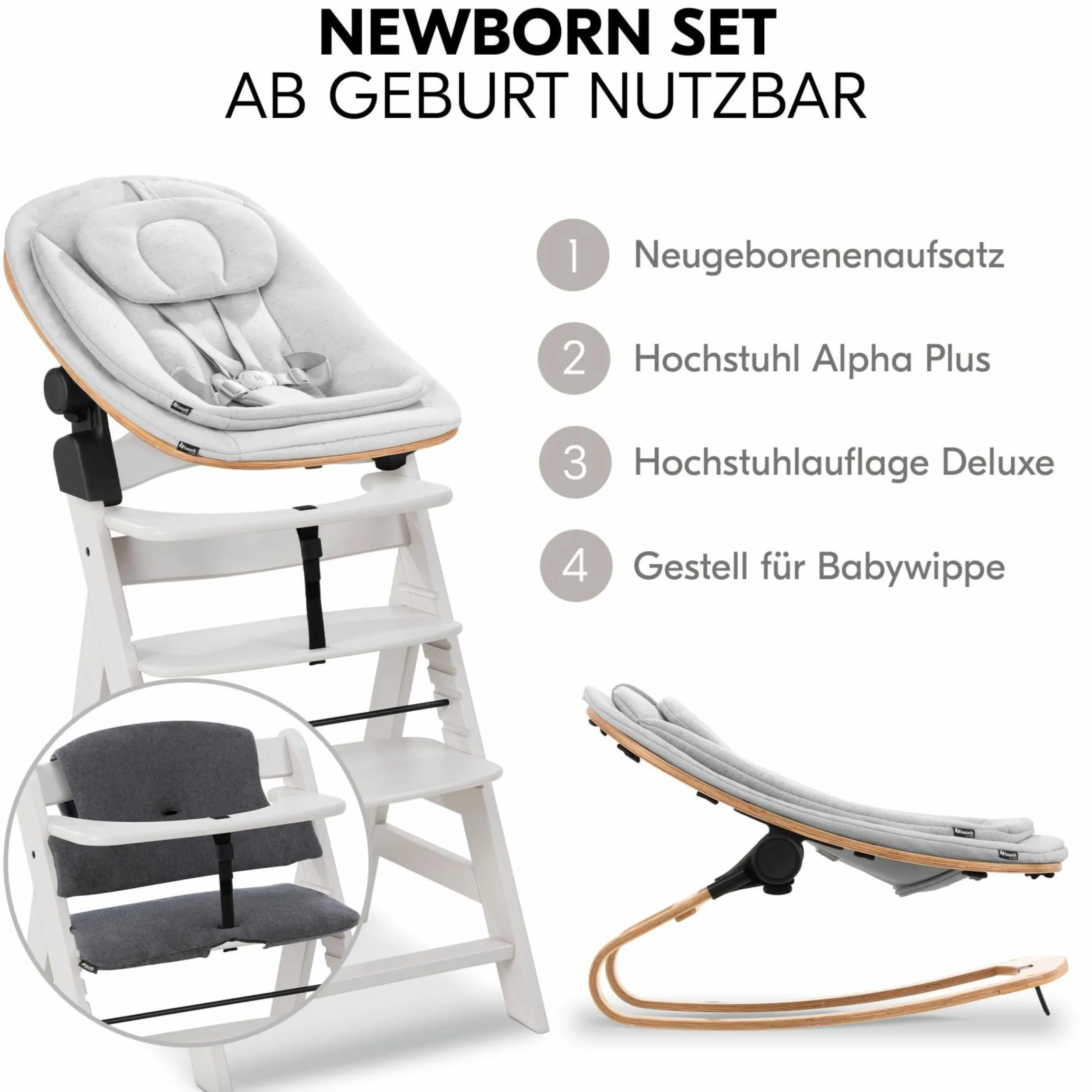 Alpha Plus Creme 4-tlg. Newborn Set Eco - Hochstuhl + 2in1 Babyaufsatz & Wippe + Sitzkissen - Light Grey / Charcoal