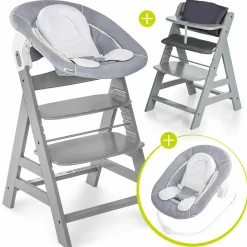 Alpha Plus Grey Newborn Set - 4-tlg. Hochstuhl + Neugeboreneneinsatz & Wippe Stretch Grey + Sitzpolster