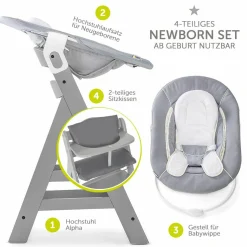 Alpha Plus Grey Newborn Set - 4-tlg. Hochstuhl + Neugeboreneneinsatz & Wippe Stretch Grey + Sitzpolster