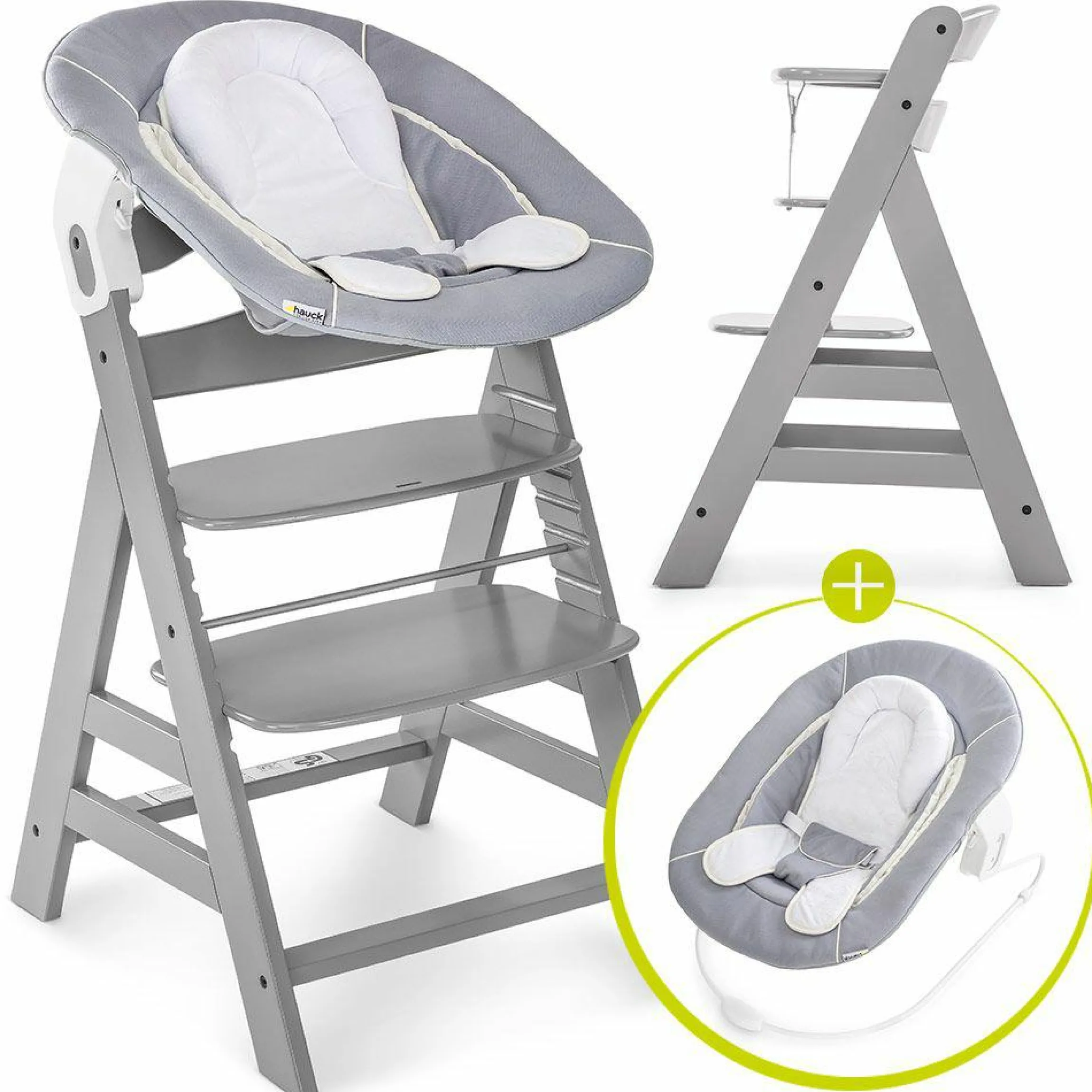 Alpha Plus Grey Newborn Set - 3-tlg. Hochstuhl + Neugeboreneneinsatz & Wippe Stretch Grey